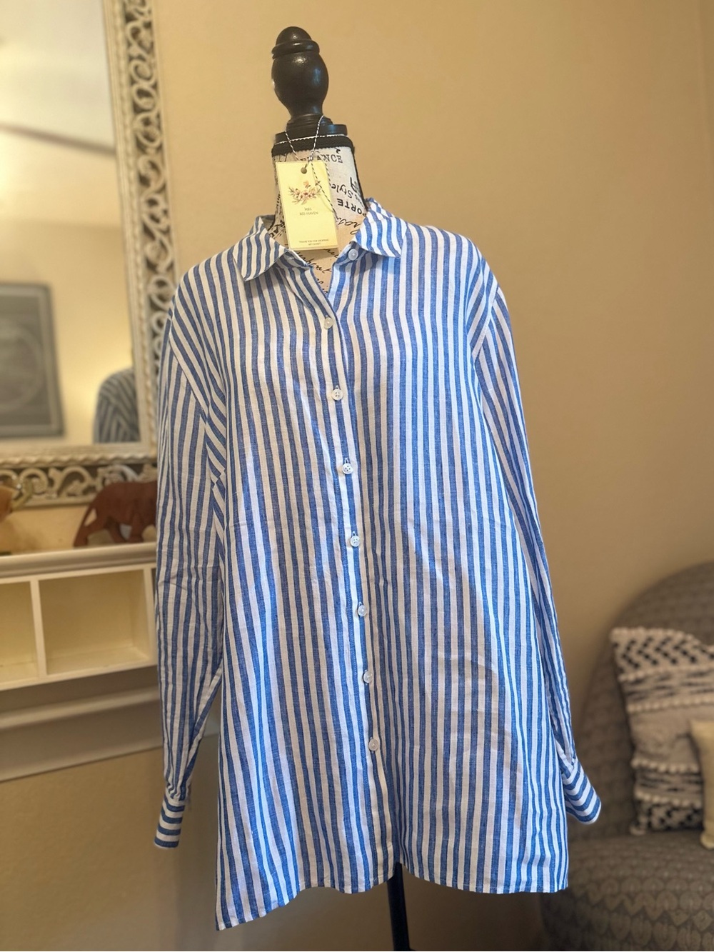 Tommy Bahama ClassicBlue and White Stripe Women’s Button-Down Linen Shirt